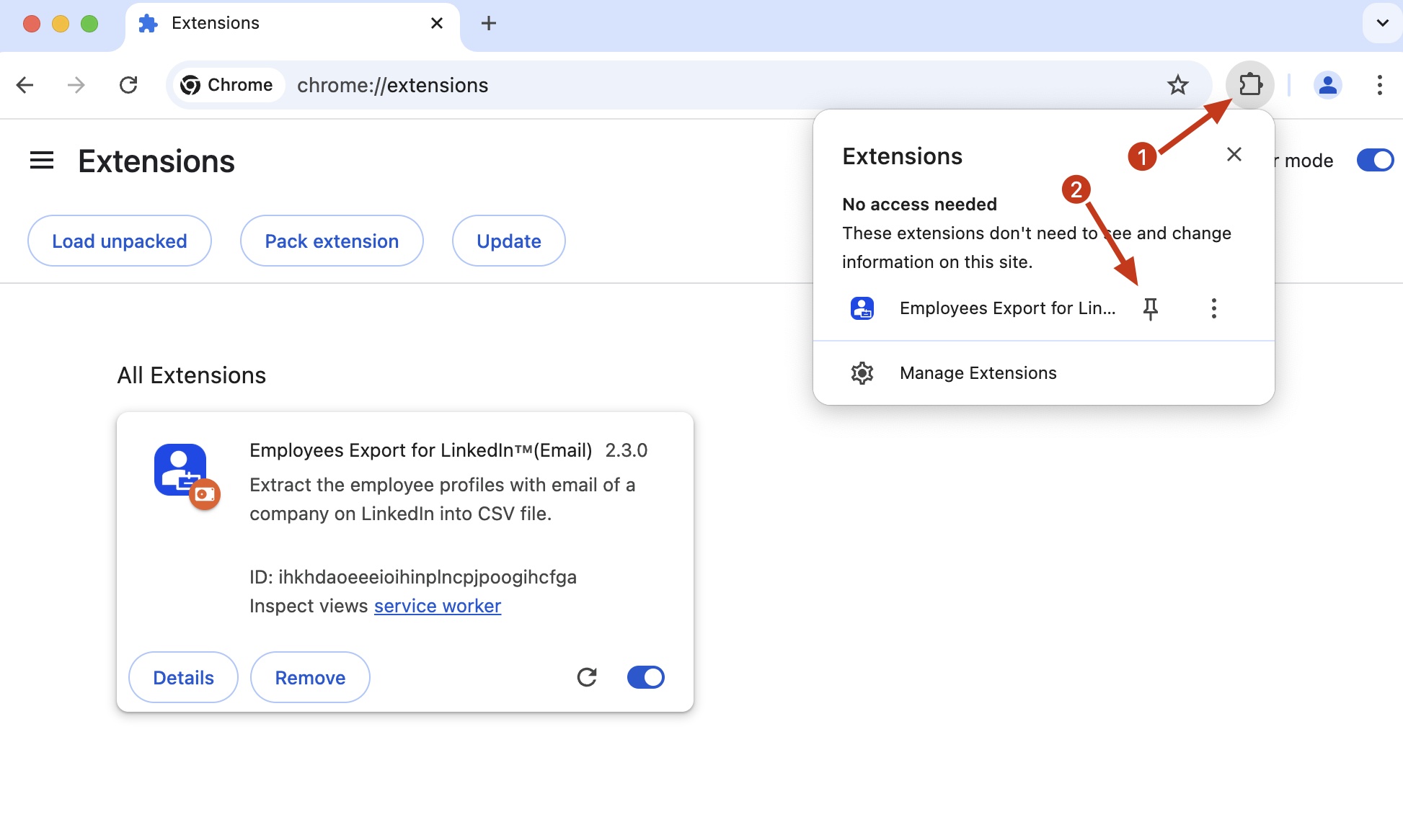 LinkedIn Company Employees Exporter chrome extension install pin
